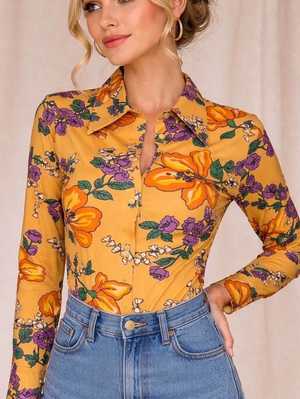 VTG SEARS 1960s Tropical Floral Button Down Festival Bodysuit